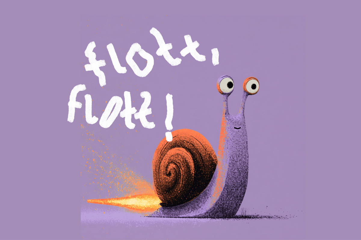 Key visual Plakatmotiv der Ausstellung: Zeichnung einer Schnecke mit Raketenantrieb
