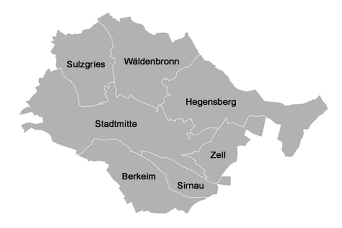 Grafik Stadtkarte mit Ortsteilen ©Stadt Esslingen a.N. Grafik Stadtkarte mit Ortsteilen