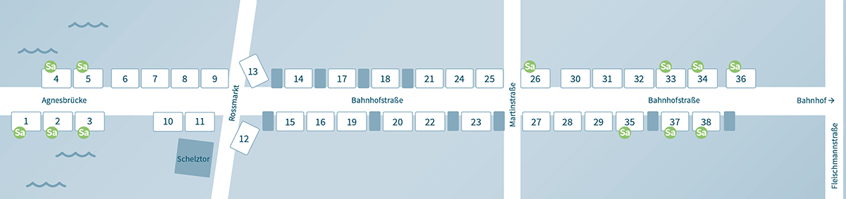 Plan Plan von Agnesbrücke bis Bahnhof, die einzelnen Stände sind mit Nummerierung eingezeichnet.