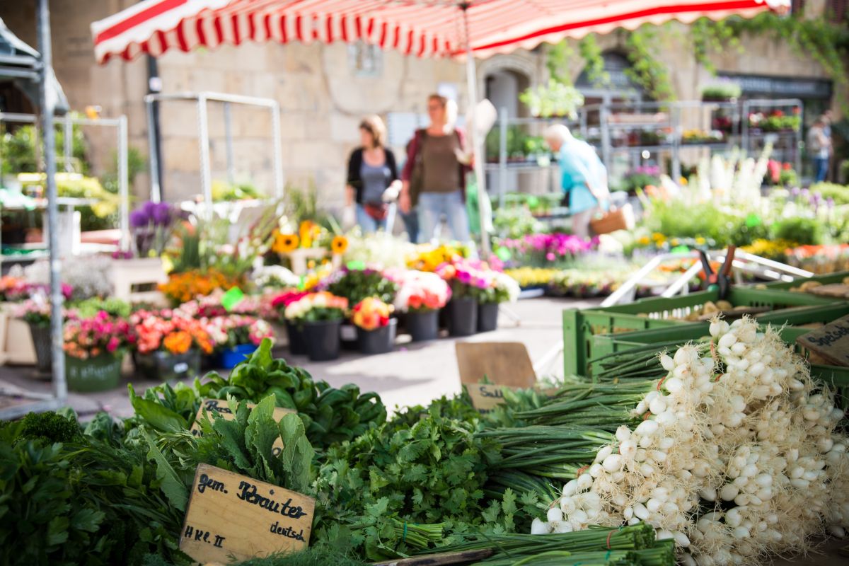 Markt Marktstand mit Kräutern und Frühlingszwiebeln, im Hintergrund Blumen und Marktbesucher.