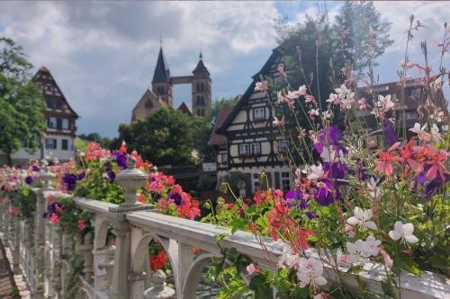 Zu sehen sind blühende Blumen an der Agnesbrücke in Esslingen mit Fachwerkhäusern im Hintergrundn i