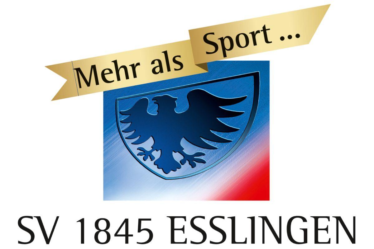 Logo des SV 1845 Esslingen: Schriftzug Mehr als Sport, Stadtwappen vor blau-roter Farbfläche