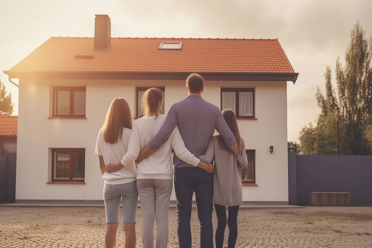 Immobilie Vater, Mutter und zwei Töchter betrachten Arm in Arm ein Einfamilienhaus