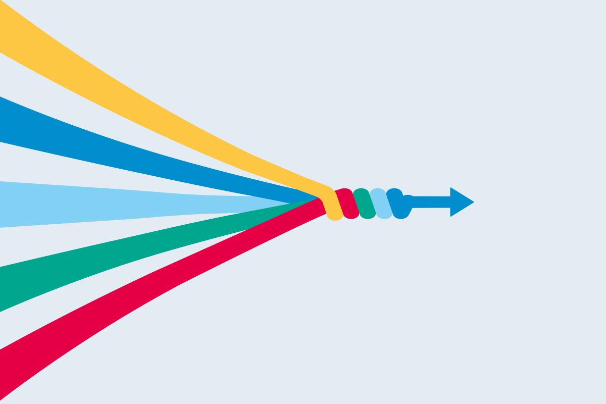 Grafik: bunte Farbstränge vereinen sich zu einem Pfeil
