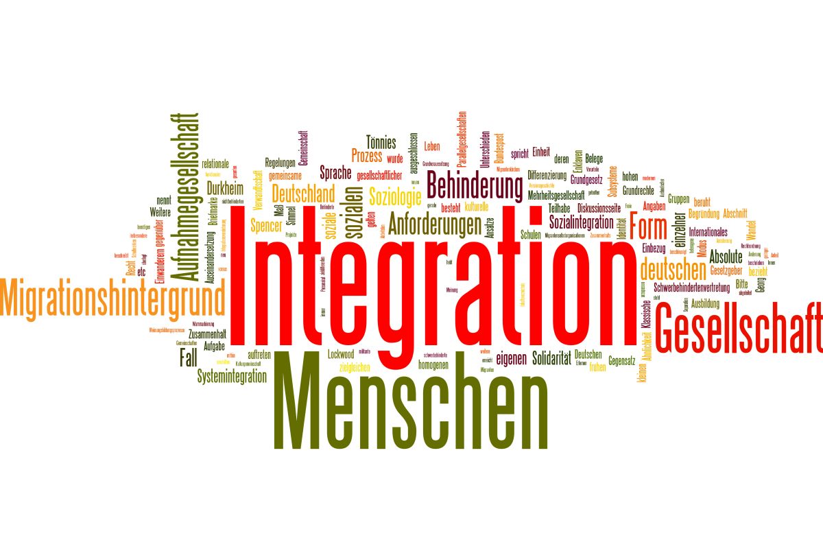 Wortwolke mit Begriffen zum Thema Integration, Menschen, Gesellschaft, Migrationshintergrund