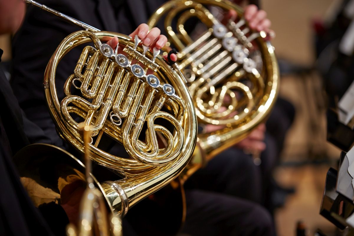 Nahaufnahme Hornspieler im Orchester