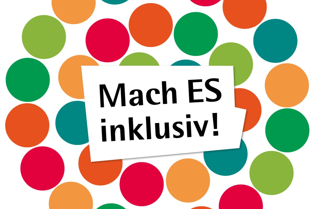 Viele in Kreisen angeordnete bunte Punkte mit dem Schriftzug "Mache ES inklusiv!"