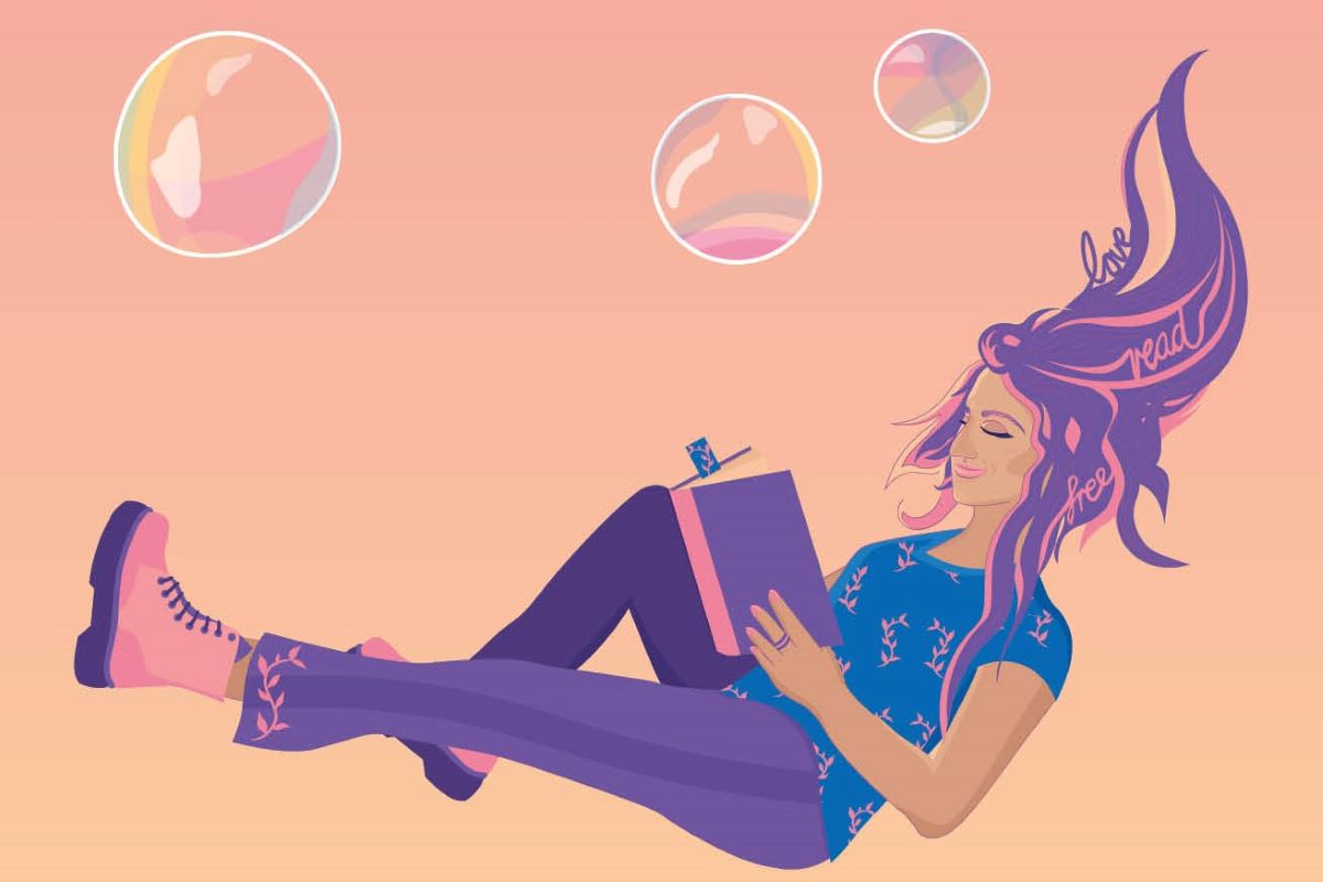 Illustration einer jungen Frau, die in der Luft zu schweben scheint und ein Buch liest.