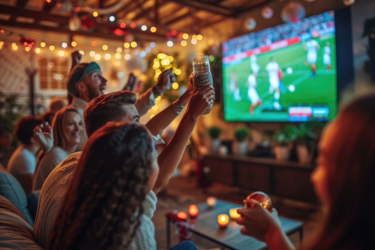 Menschen verfolgen ein Fußballspiel in einer Gaststätte