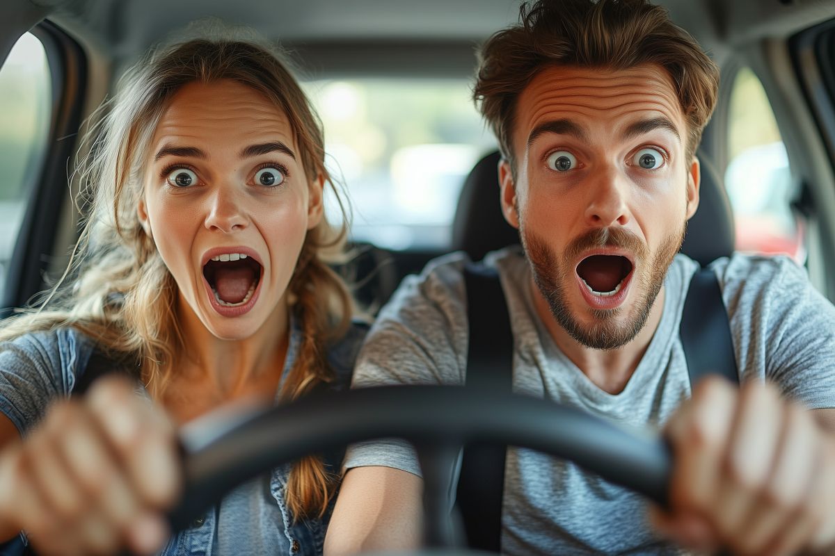 Blitzer Erschrockenes junges Paar im im Auto.