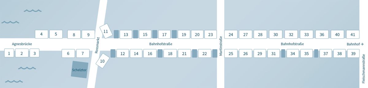 Plan von Agnesbrücke bis Bahnhof, die einzelnen Stände sind mit Nummerierung eingezeichnet.