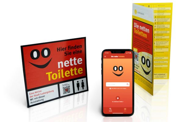App, Flyer und Aufkleber der Netten Toilette
