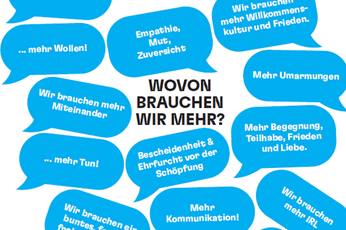 Wovon brauchen wir mehr? © Studio Cabrio Wovon brauchen wir mehr? In Sprechblasen stehen verschiedene Antworten auf diese Frage