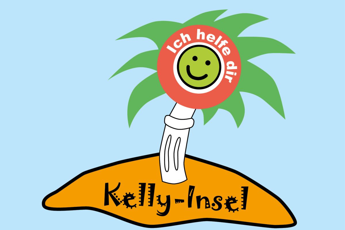 KellyInsel ©kellyinsel Logo Kelly-Insel: Eine lächelnde Kelle wie eine Palme mit Blättern auf einer kleinen Insel.
