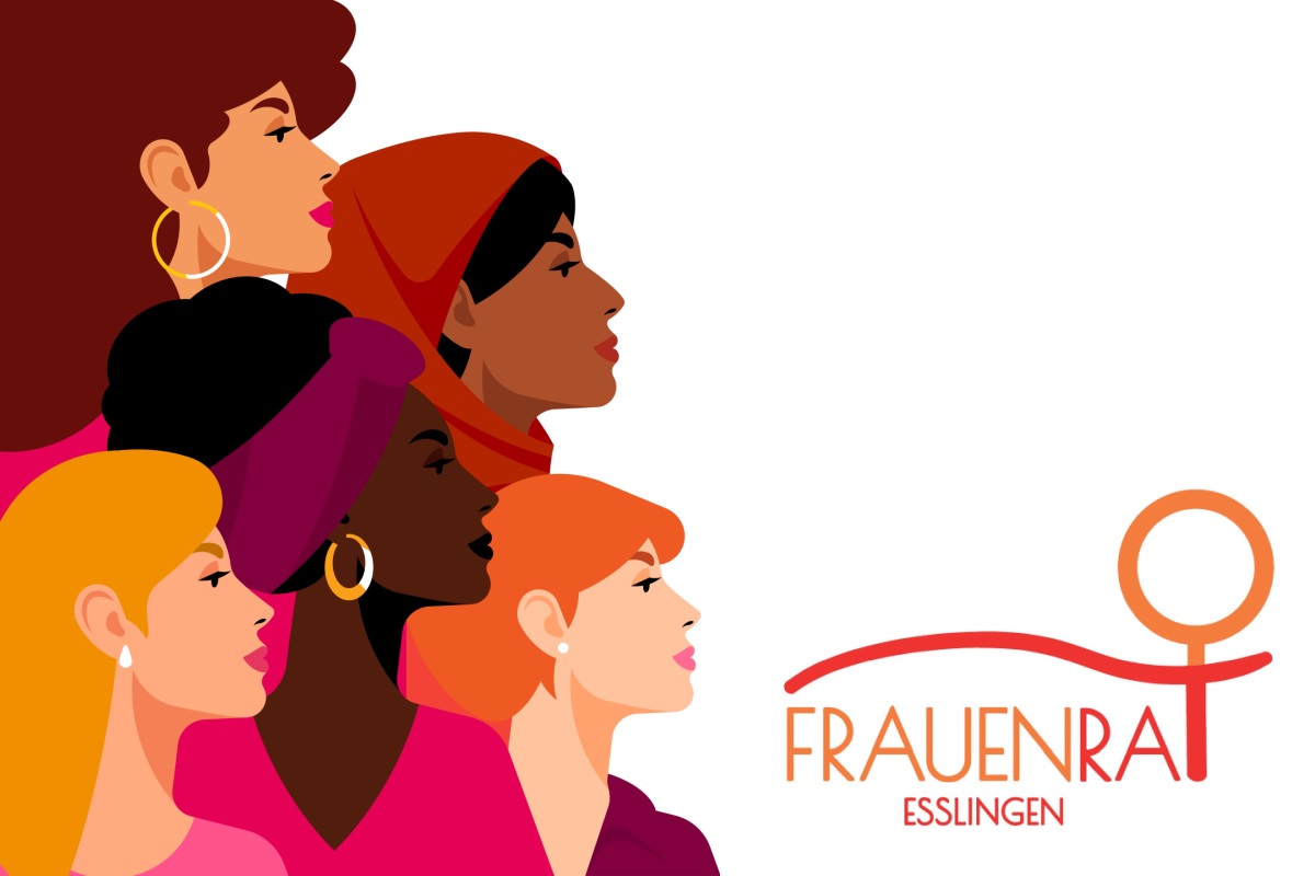 Zeichnung mehrere Frauen unterschiedlicher Herkunft, Logoschriftzug Frauenrat Esslingen